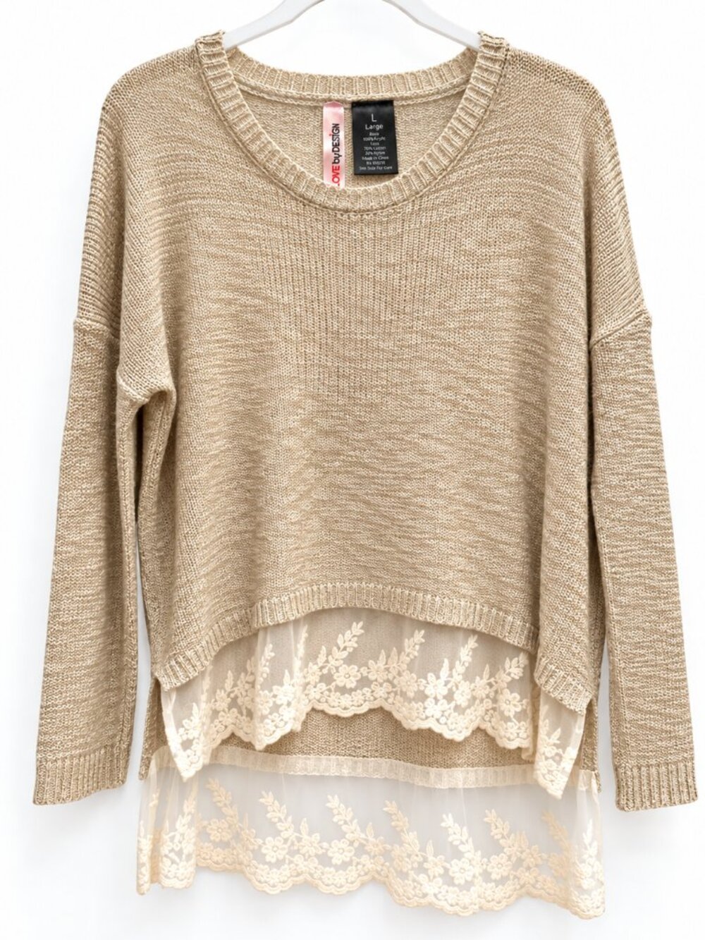 Y2K Lace Hem Sweater L Tan Open Knit High Low Romantic Boho 2000s